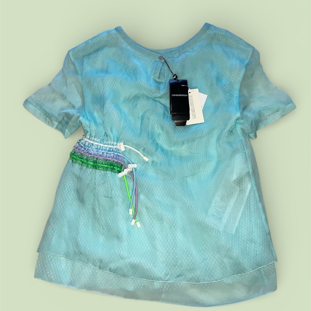 Emporio Armani Aqua Blue Blouse with Colorful Waist Adjustment Tabs - Picture 2 of 10